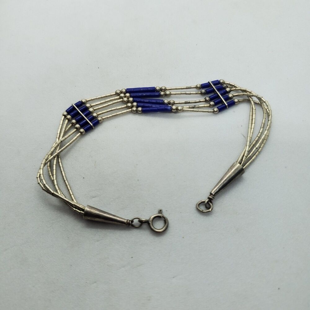 7" Sterling Liquid Silver Bracelet with Blue Beads 925